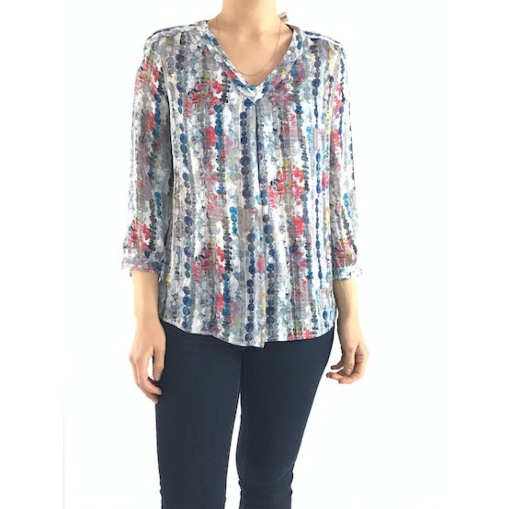 Liz Claiborne Blouse Womens Multicolor Print 3/4 Sleeve Semi Sheer Top Size PS